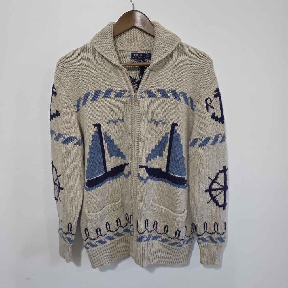 Nautical Beige Sweater with Blue Accents